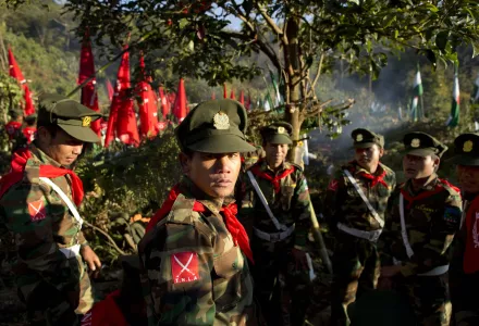 In this Jan. 12, 2015 photo, officers with the Ta’ang National Liberation Army gather in the steep hillside jungles in Mar Wong, a village in northern Shan state, Myanmar. 
