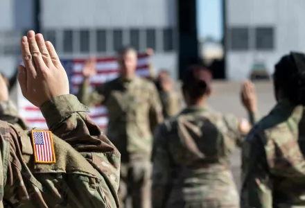 Gen. Joseph Martin, 37th Vice Chief of Staff of the U.S. Army, leads a reenlistment ceremony of 3rd Infantry Division Soldiers as they raise their right hands and volunteer to continue their Army service on Hunter Army Airfield
