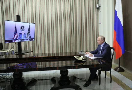 President of Russia Vladimir Putin meeting with US President Joseph Biden via videoconference
