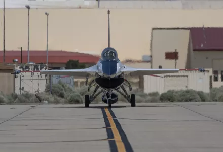 An AI-enabled U.S. Air Force F-16 fighter jet, the X-62A VISTA, taxies after an experimental flight on Thursday, May 2, 2024, at Edwards Air Force Base, Calif. 