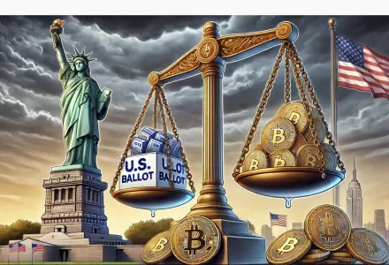 An AI-generated image of the balance between democracy and cryptocurrency, featuring the Statue of Liberty, a scale weighing U.S. ballots against Bitcoin coins, set against a backdrop of American flags and urban skyline.