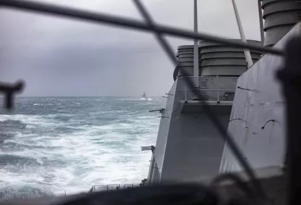 The Arleigh Burke-class guided-missile destroyer USS Higgins (DDG 76) conducts bilateral operations with Royal Canadian Navy Halifax-class frigate HMCS Vancouver (FFH 331)