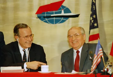 U. S. Preisdent George Bush and Soviet President Gorbachev smile at each other during their joint statement and news conference aboard the Maxim Gorky docked in Marsaxlokk Bay, Malta.