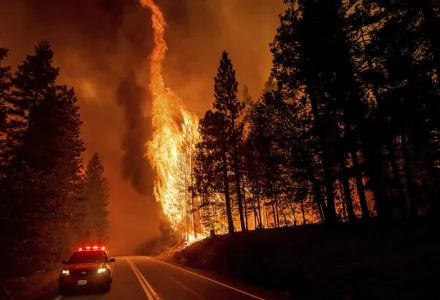 Wildfire rages next to a highway in California.