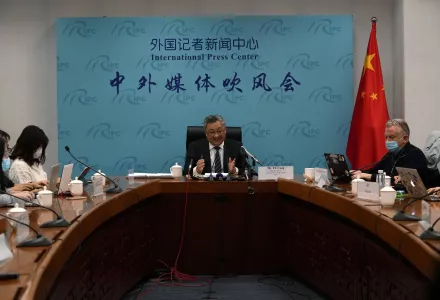 Fu Cong, center, the director general of the Foreign Ministry's arms control department, attends a press conference on nuclear arms control in Beijing, China, Tuesday, Jan. 4, 2022. 