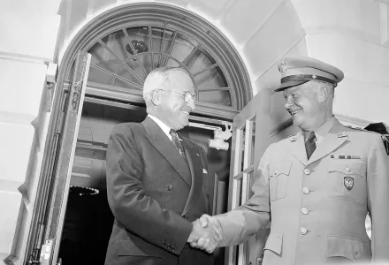 President Harry Truman greets General Dwight Eisenhower at the White House in Washington on June 1, 1952.