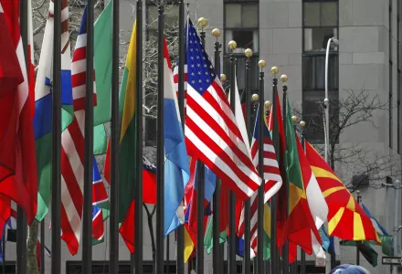 An American flag amongst flags of many nations.