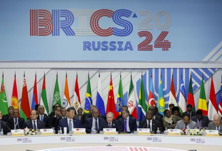 From left, Iranian President Masoud Pezeshkian, Egyptian President Abdel Fattah el-Sisi, Chinese President Xi Jinping, Russian President Vladimir Putin, South African President Cyril Ramaphosa, Ethiopian Prime Minister Abiy Ahmed and Brazilian Foreign Minister Mauro Vieira attend Outreach/BRICS Plus format session at the BRICS Summit in Kazan, Russia, Thursday, Oct. 24, 2024.
