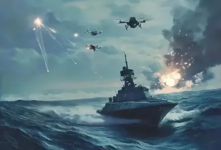An AI generated image of a drone ship sailing on stormy seas with flying drones and explosions in the sky.