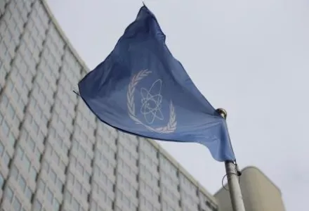The flag of the International Atomic Energy Agency flies in front of its headquarters