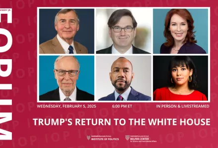 Graphic with photos of panelist speakers along with the title, "Trump's Return to the White House"