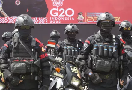 Police force line up during a security parade in preparation for the upcoming the G20 meeting in Bali, Indonesia on Nov. 7, 2022. 