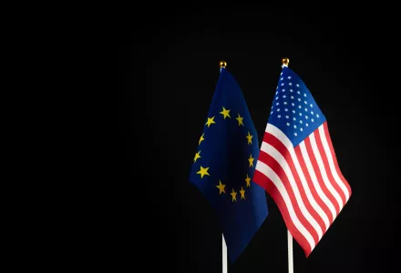 USA and EU flags. Sanctions pressure, politics, crisis and cold war concept. Black background. Europe Union vs United States of America