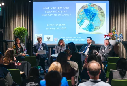 Vicki Lee Wallgren, James Jansen, Margaret Williams, Kai Simon Eikli Yuen, and Vito de Lucia discuss the importance of the High Seas Treaty to the Arctic at Arctic Frontiers 2025 in Norway