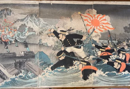 Japanese woodblock print depicts troops of China’s Qing dynasty clashing with those of Meiji Japan 