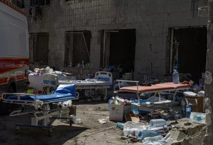 Gurneys are seen outside the Okhmatdyt children's hospital 