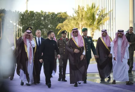 Ukrainian President Volodymyr Zelenskyy, center left, meets with Prince Saud bin Mishaal, deputy governor of Saudi Arabia's Mecca region, center right, in Jeddah, Saudi Arabia, Monday, March 10, 2025.