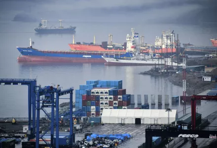 The container terminal at the Commercial Sea Port in the Pacific city of Vladivostok, east of Moscow, Russia, is seen on Monday, April 7, 2025. (AP Photo)