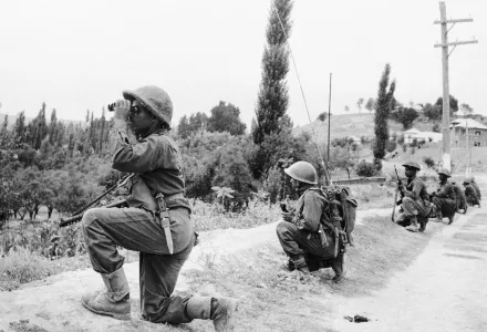 Indian troops are on the move in Kashmir against guerrilla forces during the second war over Kashmir on Sept. 6, 1965.