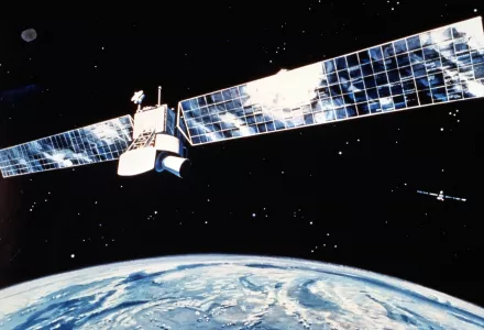 An artist's concept shows a space based sensor emplaced at high altitude to boost phase surveillance and tracking. April 1985.