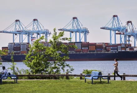 A container ship is moored at the port of the port of New York and New Jersey in Elizabeth, New Jersey, Monday May 12, 2025.