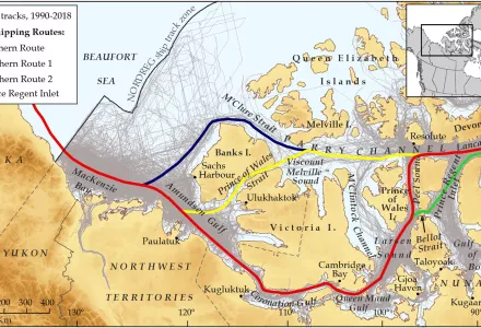 The map shows all ship tracks 1990–2018 (grey lines), and shipping routes (four different line colors) along the Northwest Passage.