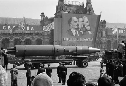 A naval rocket is exhibited in Moscow's Red Square past a banner of Vladimir Lenin, Friedrich Engels and Karl Marx during the annual May Day parade in the Soviet Union in May 1, 1963. 