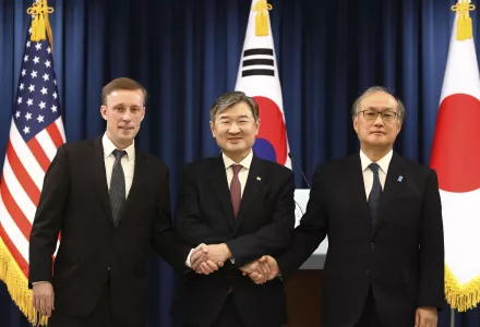 South Korea's National Security Adviser Cho Tae-yong, center, shakes hands with U.S. National Security Advisor Jake Sullivan, left, and Japan's National Security Secretariat Secretary-General Takeo Akiba after their joint news conference at the presidential office, Saturday, Dec. 9, 2023, in Seoul, South Korea. The meeting comes as the three countries are stepping up cooperation amid North Korea's persistent military threats and Russia's protracted war in Ukraine. (Chung Sung-Jun/Pool Photo via AP)