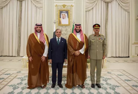 In this photo released by Pakistan's Press Information Department, Saudi Arabia's Crown Prince Mohammed bin Salman, second right, Saudi Arabia's Defence Minister Khalid bin Salman, left, Pakistan's Prime Minister Shehbaz Sharif, second left, and Pakistan's Army Chief Field Marshal Asim Munir, pose for photographs after signing a mutual defense pact, in Riyadh, Saudi Arabia, Wednesday, Sept. 17, 2025. (Press Information Department via AP)