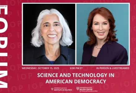 IOP Forum Graphic that depicts event information and headshots of the speaker/moderator