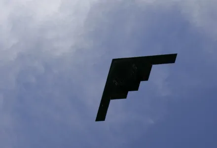 This April 3, 2006 file photo shows a B2 stealth bomber flying over Kauffman Stadium during baseball opening day ceremonies in Kansas City, Mo. 