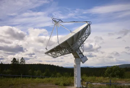 A satellite antenna is pointing at the sky outside the Esrange Space Center  in Kiruna, Sweden, Tuesday, Aug. 19, 2025.