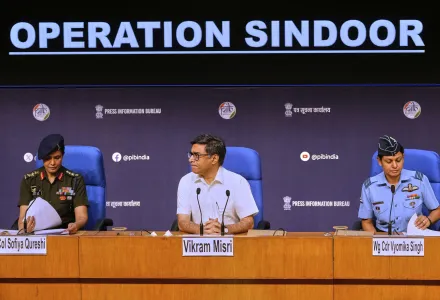 India's Foreign Secretary Vikram Misri, center, with Indian army officer Colonel Sofiya Qureshi, left, and Indian Air Force officer Wing Commander Vyomika Singh, right, address a press conference