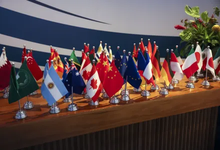 Miniature flags are displayed at the G20 summit in Rio de Janeiro, Brazil, Tuesday, Nov. 19, 2024. (Leah Millis via AP, Pool)