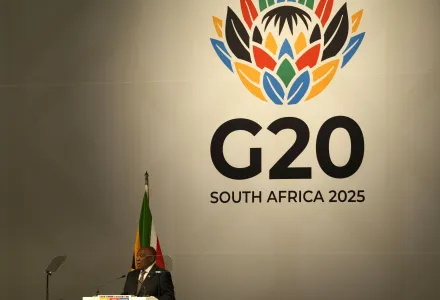 South Africa's President Cyril Ramaphosa addresses delegates at G20 Finance Ministers and Central Bank Governors meeting in Cape Town, South Africa, Wednesday, Feb. 26, 2025. (AP Photo/Nardus Engelbrecht)