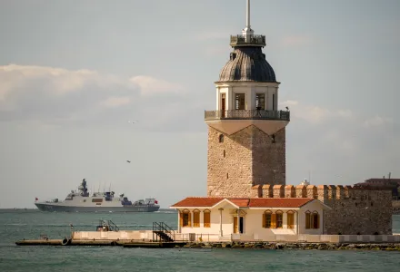 TCG Kinaliada corvette sails during a naval parade on the Bosphorus marking the 487th anniversary of the Preveza naval battle and celebrating the Turkish Naval Forces day, in Istanbul, Turkey, Saturday, Sept. 27, 2025. (AP Photo/Emrah Gurel)