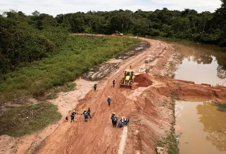 Workers construct an avenue, named Liberdade, or Freedom, ahead of the COP30 U.N. Climate Summit in Belem, Brazil, March 18, 2025. (AP Photo/Jorge Saenz)