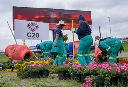 City park employee plant flowers along one of Johannesburg's major highway as a massive cleanup job gets underway in anticipation of the upcoming G20 summit to be held in the South African economic capital, Friday, Nov. 14, 2025. (AP Photo/Jerome Delay)