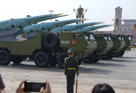 YJ-17, hypersonic anti-ship missiles, pass during a military parade