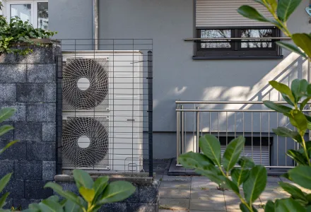 Air source heat pumps installed on the garden front of a modern house.