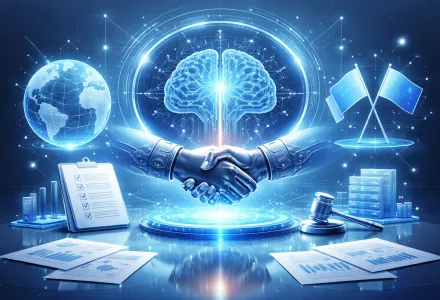 A monochromatic image depicting two hands shaking and various icons of diplomacy and computing