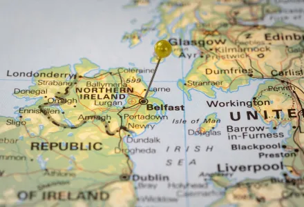 Colorful tourist location map with yellow stick pin at Belfast, Northern Ireland and the surrounding area