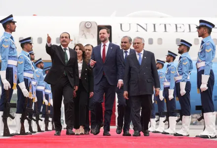 U.S. Vice President JD Vance, center, walks with Pakistan's Chief of Defence Forces and Chief of Army Staff Field Marshall Asim Munir, left, and Pakistani Deputy Prime Minister and Foreign Minister Mohammad Ishaq Dar after arriving for talks with Iranian officials in Islamabad, Pakistan, Saturday, April 11, 2026. (AP Photo/Jacquelyn Martin, Pool)