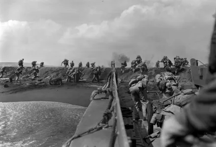 U.S. Marines hitting the beach on Iwo Jima, February 1945.