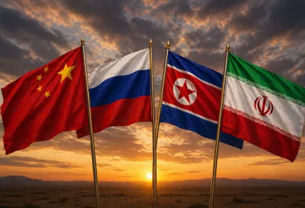 Flags of China, Russia, North Korea, and Iran 