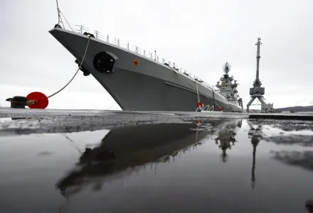 The Northern Fleet's flagship, the Pyotr Veilikiy (Peter the Great) missile cruiser, is seen at its Arctic base of Severomorsk, Russia, Thursday, May 13, 2021.