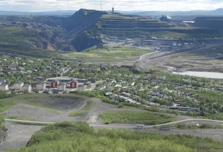 A panorama of Kiruna, Sweden, with Kiruna mine visible in the distance. 
