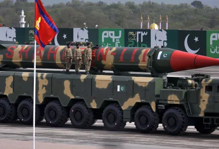 In this Wednesday, March 23, 2016, file photo, a Pakistani-made Shaheen-III missile is on display during a military parade in Islamabad.