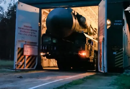 On Monday, July 22, 2024, a Yars intercontinental ballistic missile launcher rolls from an hangar during a military exercise near Yoshkar-Ola, Russia. 