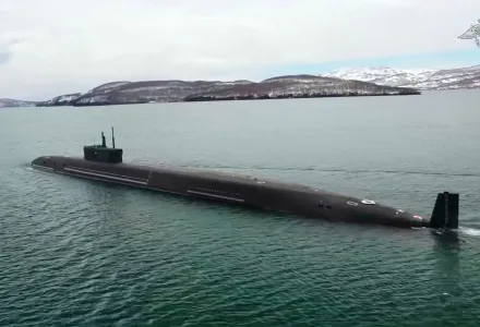 In this image made from video provided by Russian Defense Ministry Press Service on Thursday, May 21, 2026, a Borel-class nuclear submarine is seen during drills of Russia's nuclear forces. 